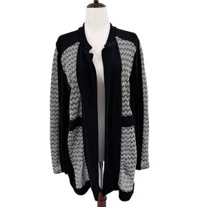 Travelers by Chicos Black White Metallic Chevron Open Front Cardigan Jacket Sz 4